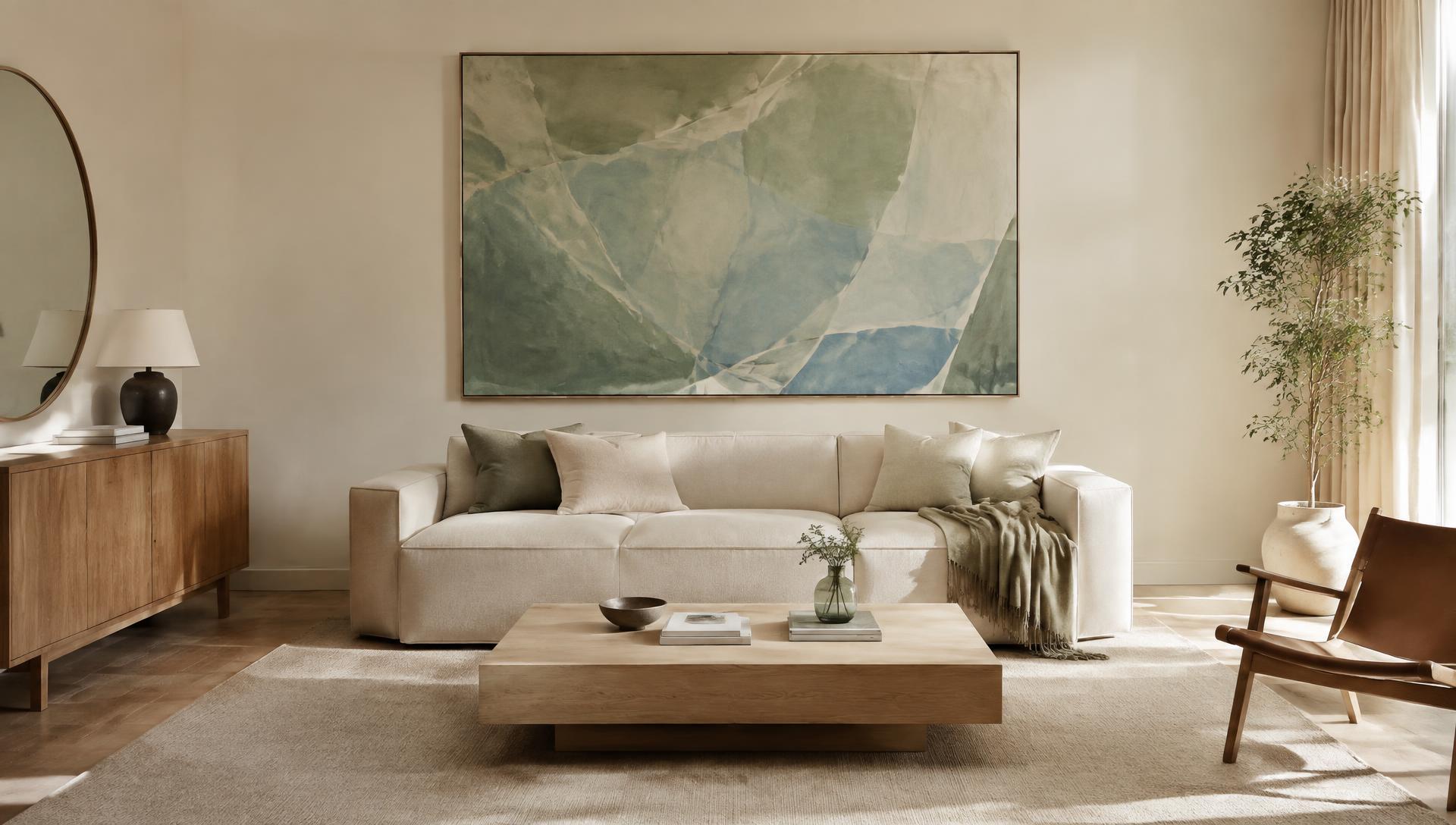 Sage and blue abstract painting above a linen sofa in a calm living room