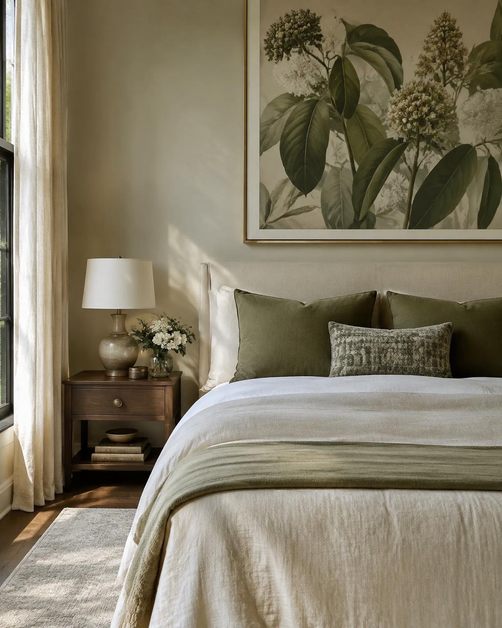 Botanical artwork above a linen bed