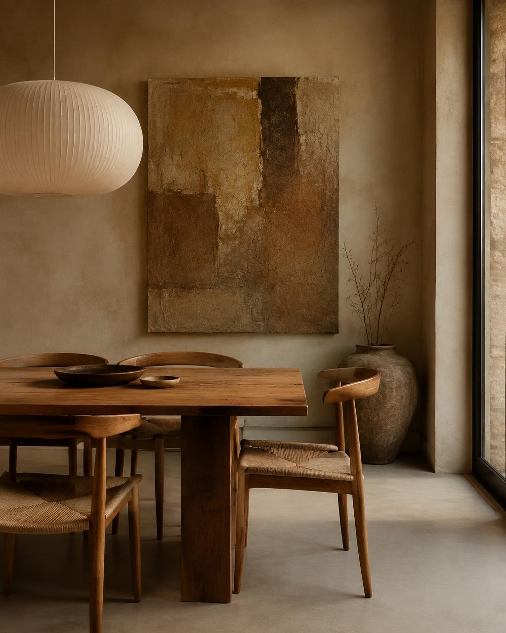 Earth-tone textured art in a dining room
