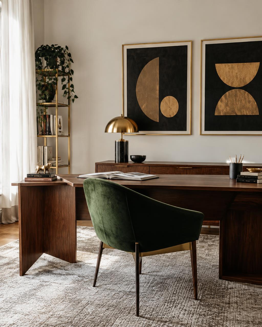 Geometric black and gold art in a home office