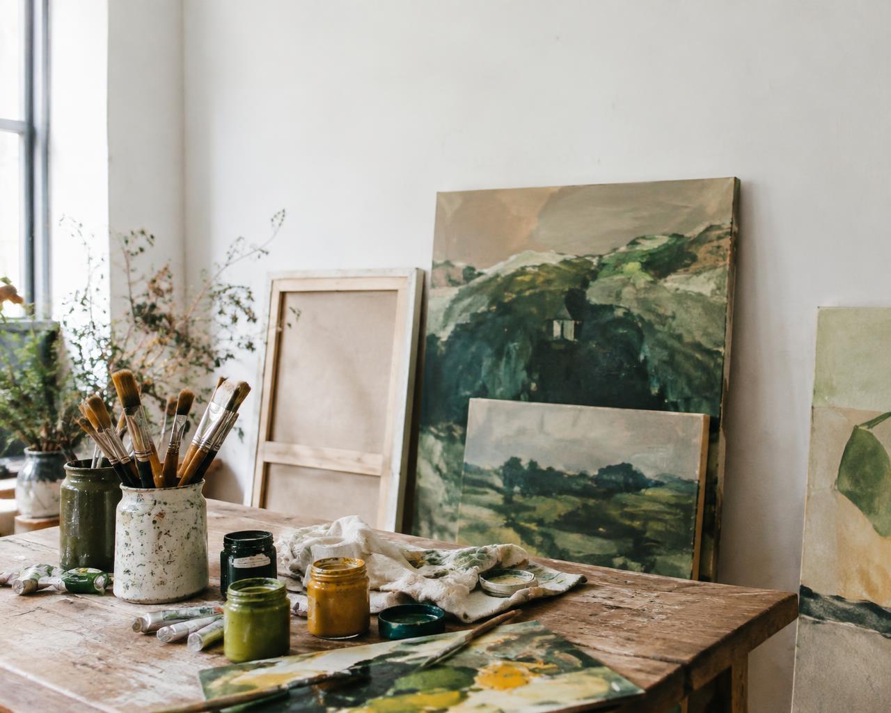 Canvases and paint jars in the MARK WALL ART studio